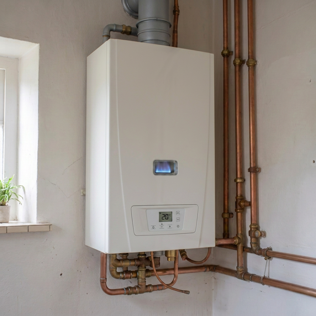 Before and after: an old corroded boiler beside a clean modern external heat pump unit