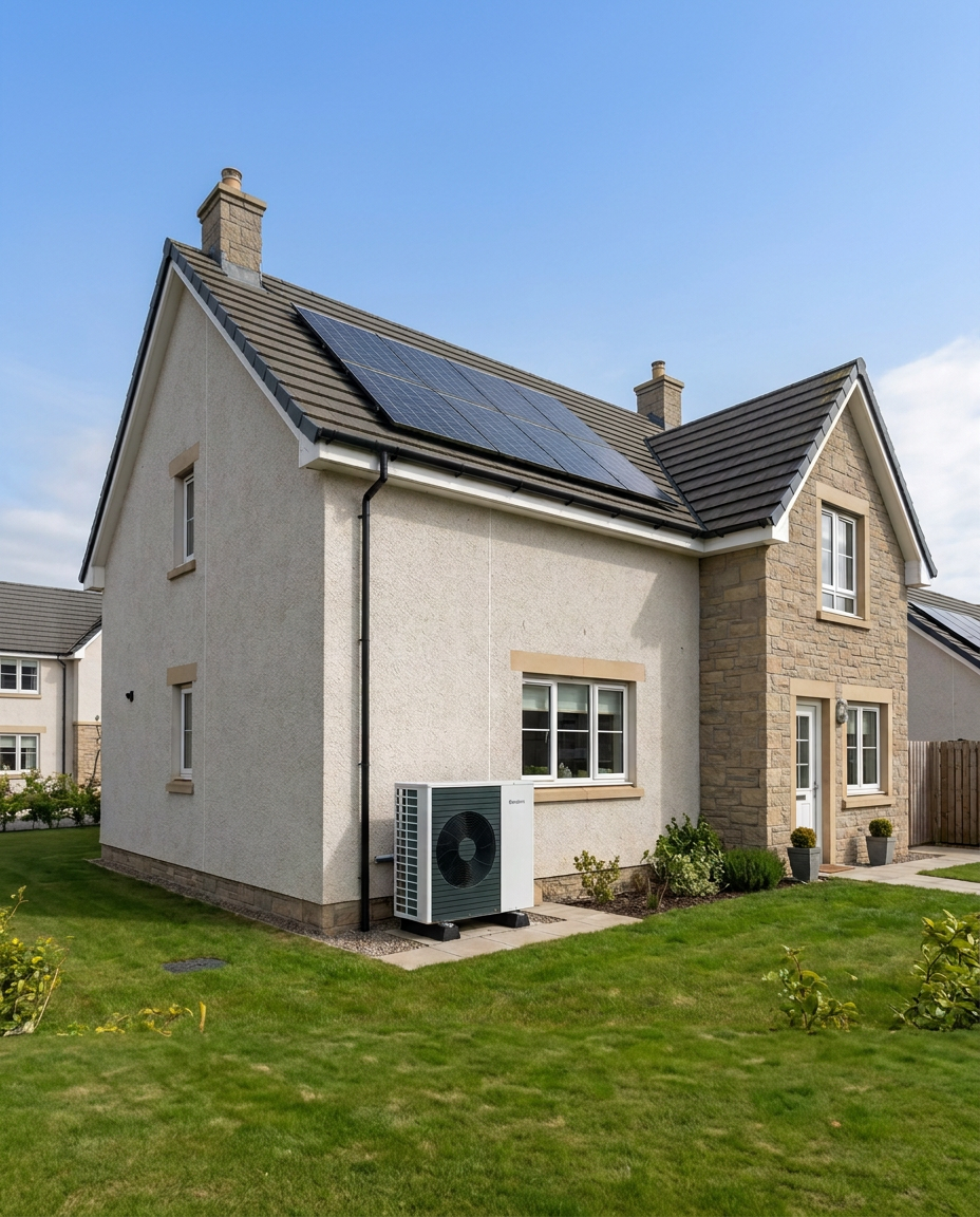 A well-designed heat pump installation on a modern stone-and-timber Scottish home