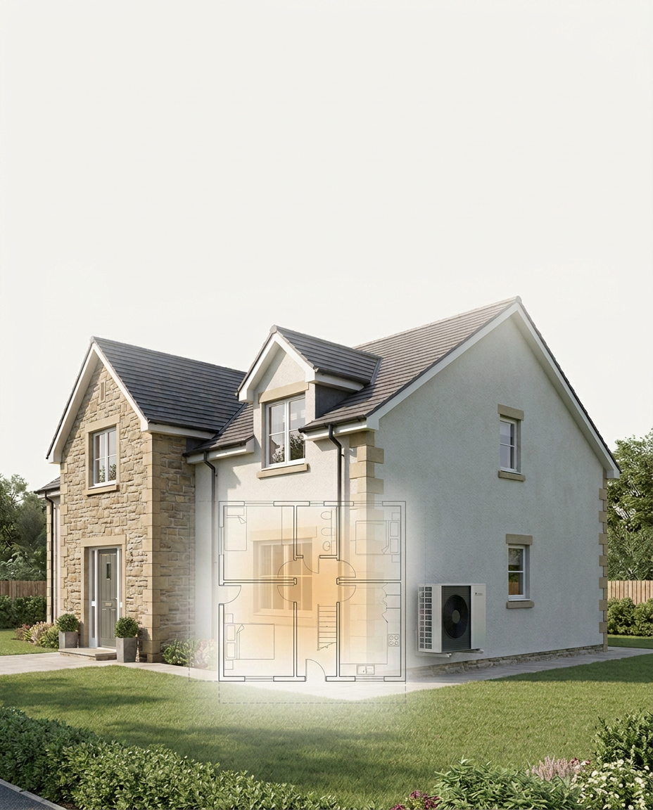 A Scottish home shown with a floor-plan assessment overlay illustrating a home heating survey