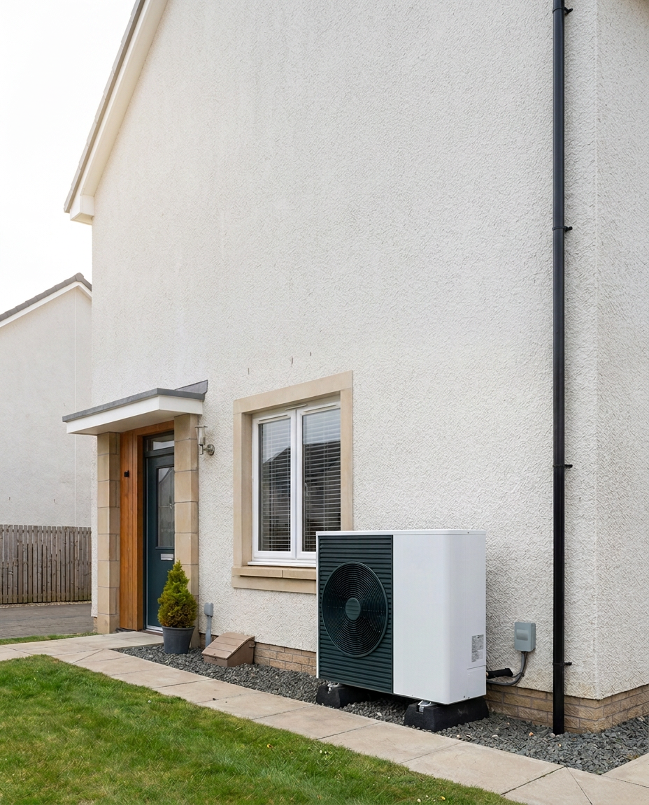 A Scottish render-and-stone home with a modern external heat pump unit installed by HPSI