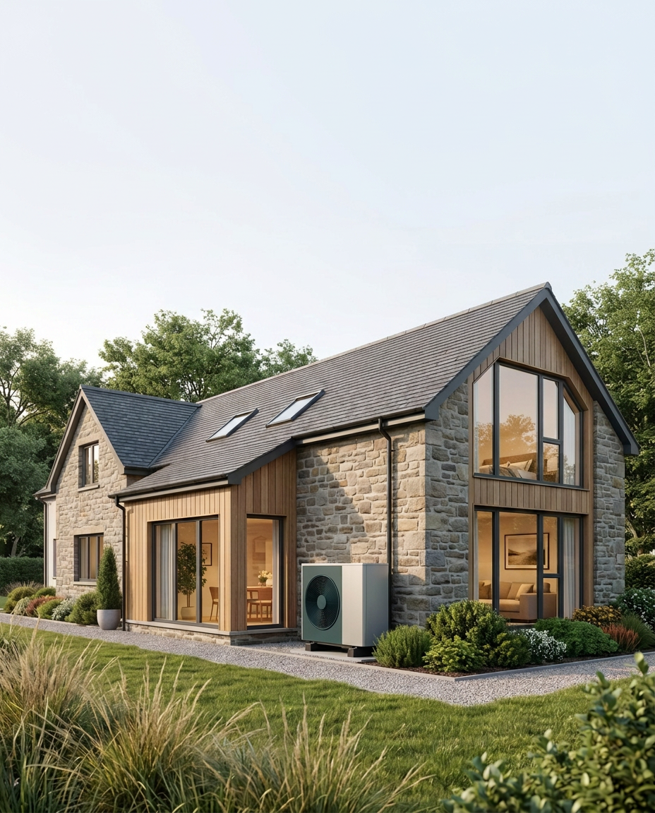 A heat pump neatly installed at a Scottish home by HPSI